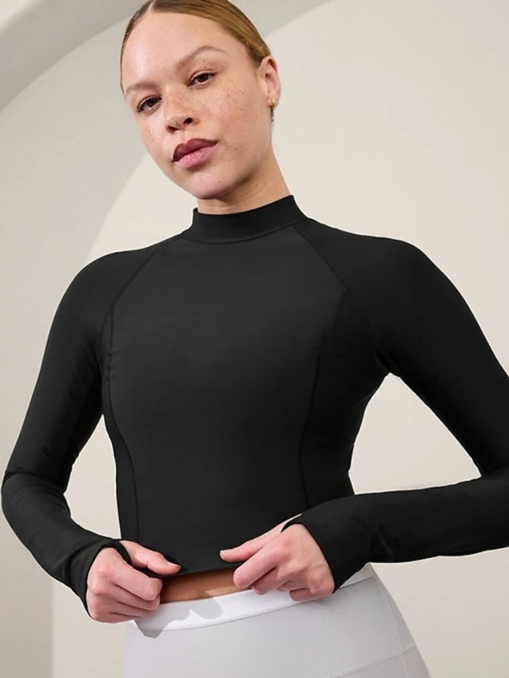 ATHLETA Interval Black Jersey Cropped Mock Neck Long Sleeve Top, Size M